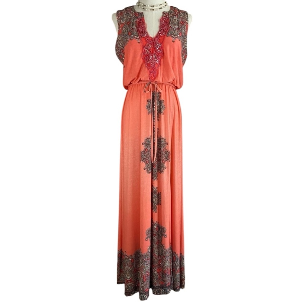 Paisley Chiffon Sleeveless Maxi Dress Size Small Rhinestone Sequin Detail - Picture 2 of 15